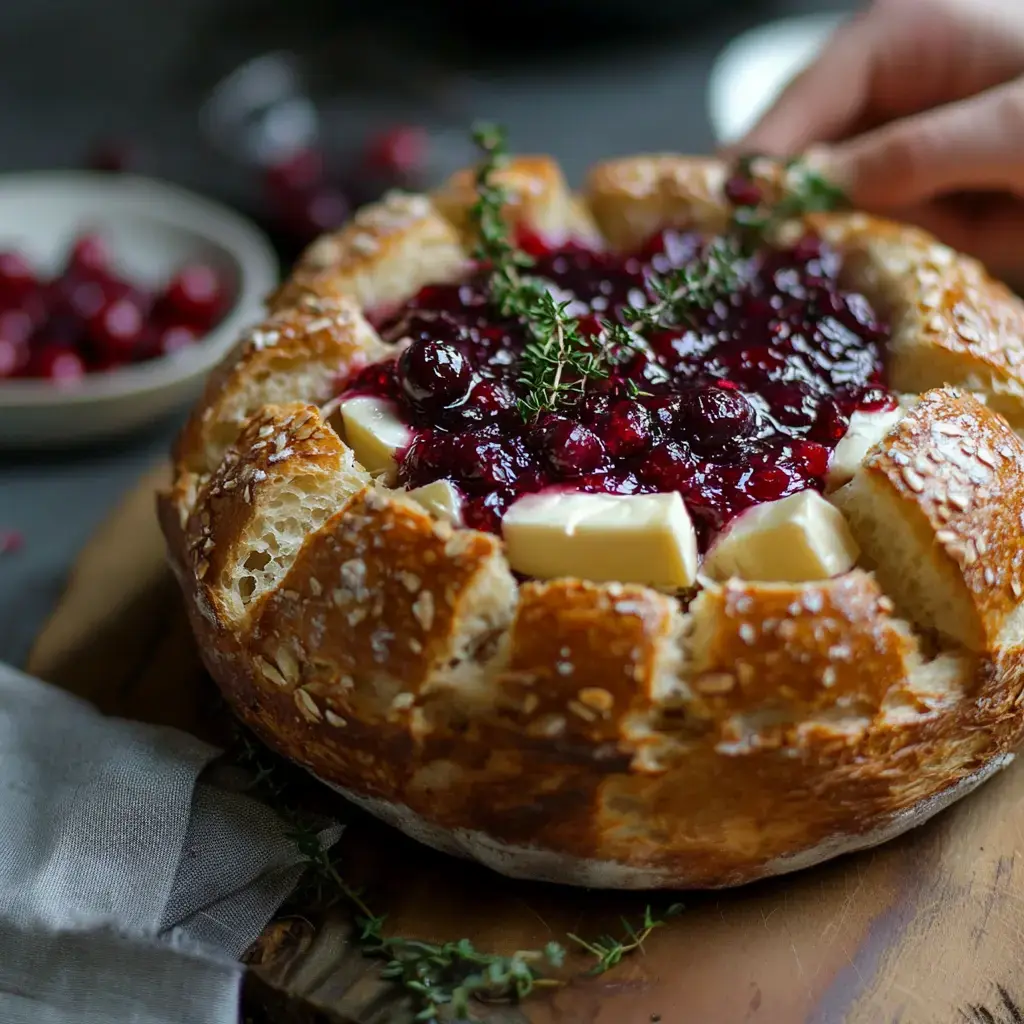 A crusty bread loaf filled with cheese, cranberry sauce, and sprigs of fresh thyme. Fresh cranberries sit in a bowl close by.