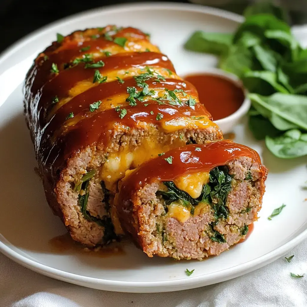 Slices of turkey loaf stuffed with spinach and cheese, covered in shiny glaze, served with fresh greens and sauce on a plate.