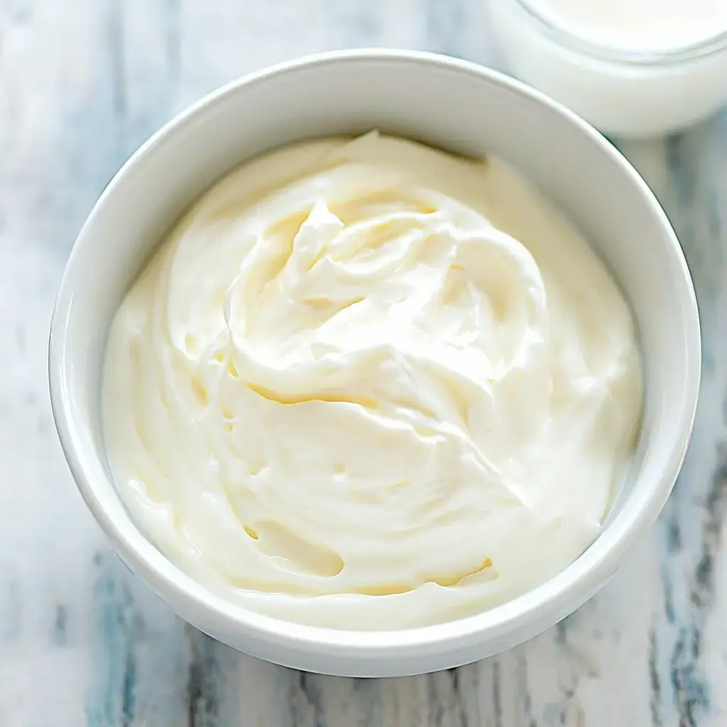 A rustic wooden table with a bowl of creamy white crème fraîche and a smaller jar beside it.