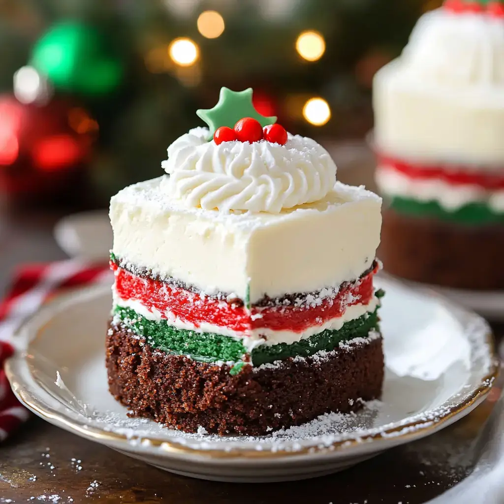 Layered festive dessert featuring red and green colors, creamy topping, and cute holiday bits, all served on a dish.