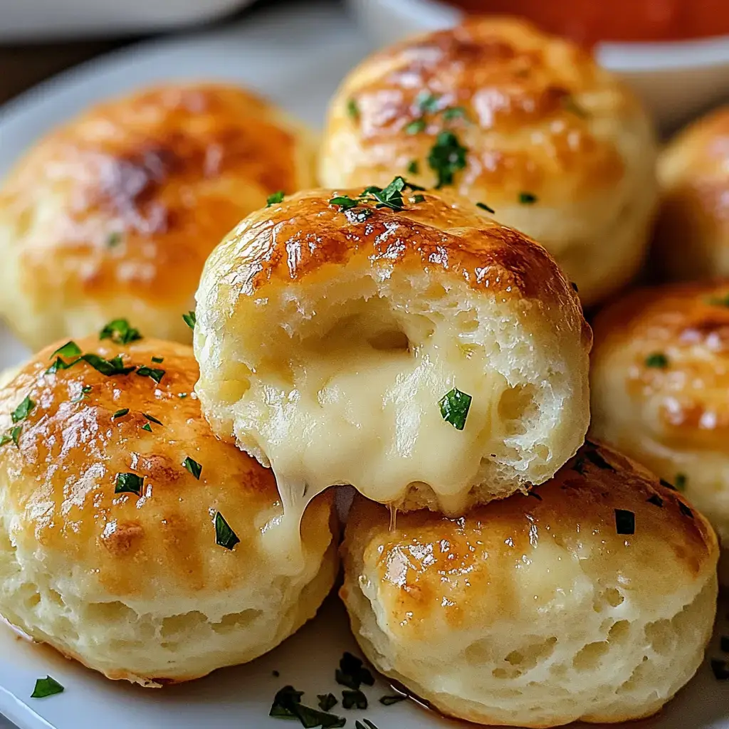 Golden cheese biscuits piled high, one split open showing melty cheese, fresh parsley on top.
