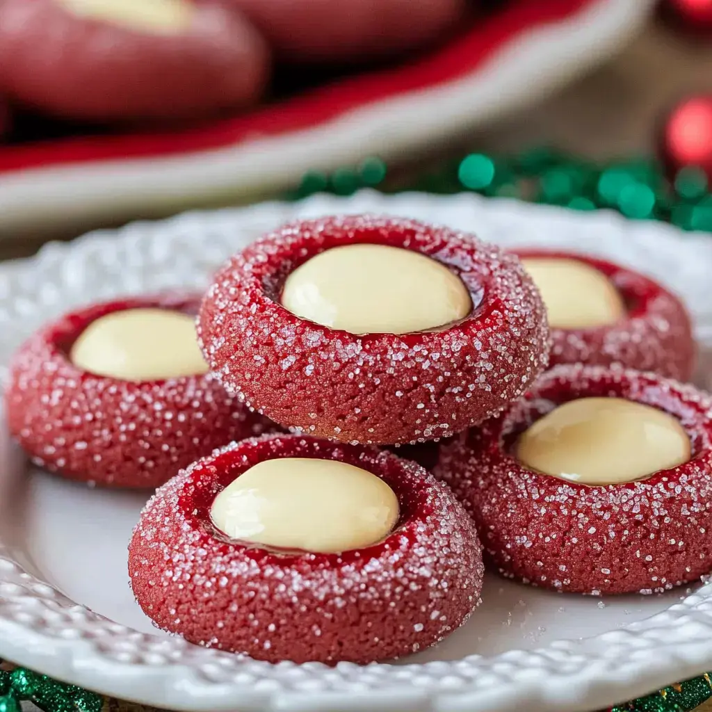 A plate showing vibrant red cookies topped with dollops of white frosting.