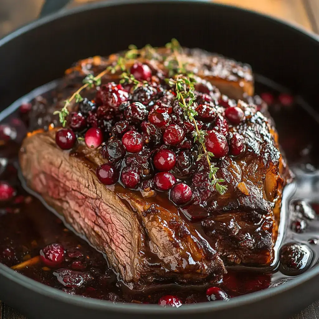 Sliced roast with shiny cranberries and thyme sitting in a deep, tasty sauce.