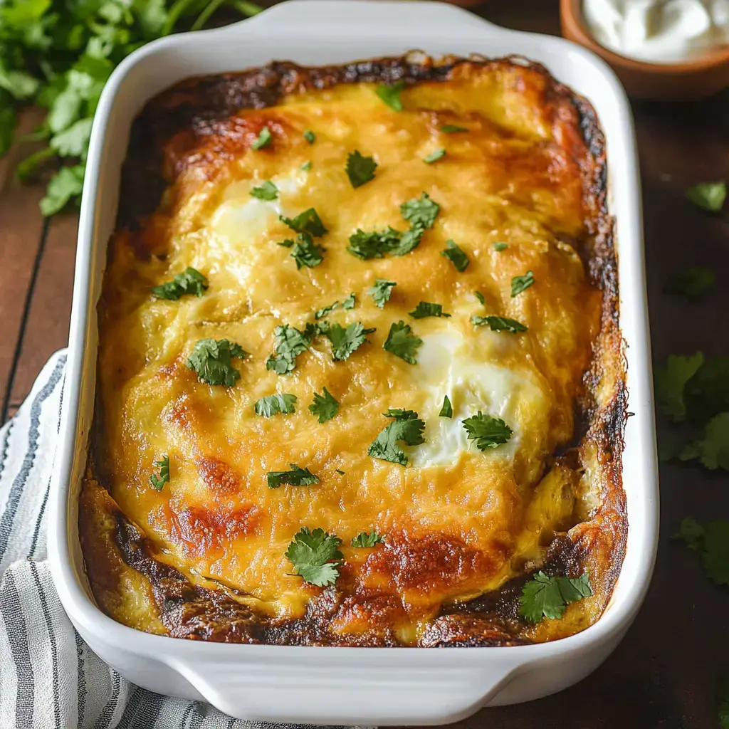 A cheesy baked dish with cilantro on top in a white casserole dish.