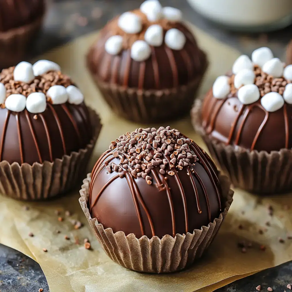 Shiny chocolate balls with marshmallows and chocolate bits on top — up close.