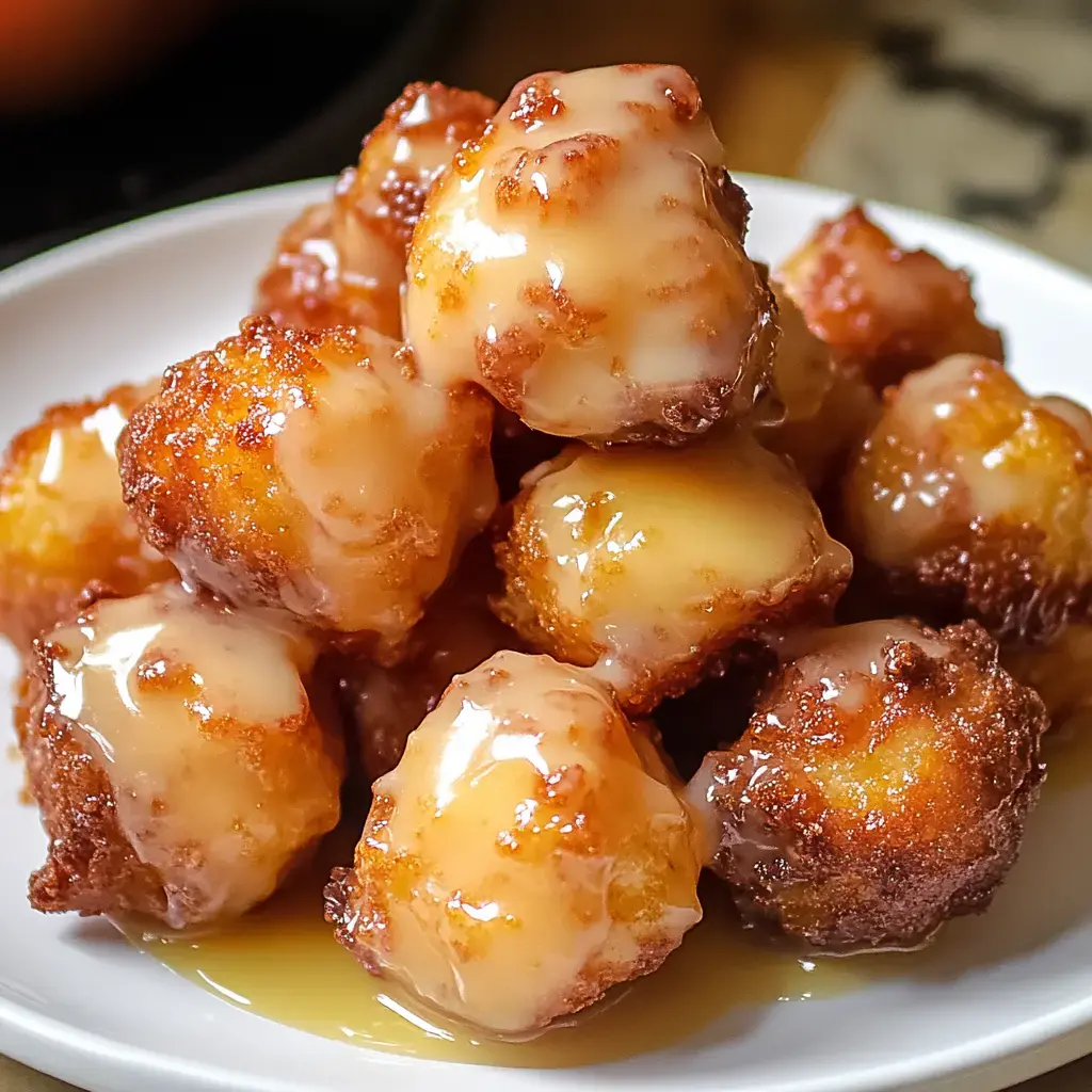 Golden bite-sized desserts drizzled with shiny glaze on a white plate.
