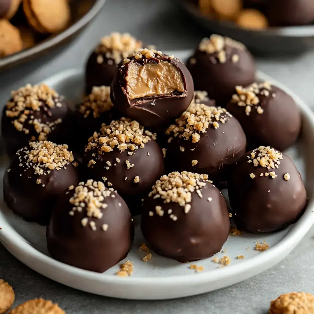 A plate full of chocolate-coated balls with nut sprinkles on top, one cut open showing the creamy center inside.