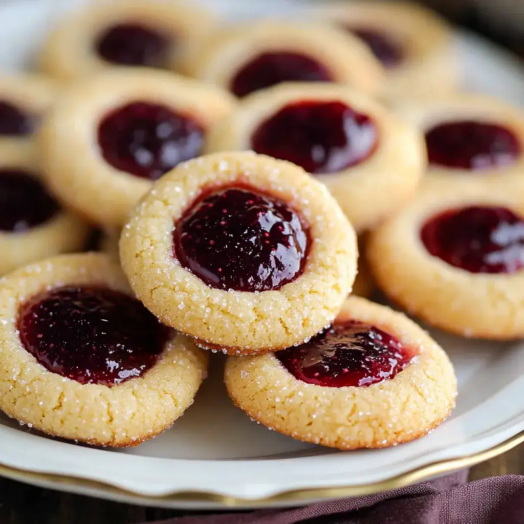 A white plate holding thumbprints packed with ruby-red jam and sparkly sugar.