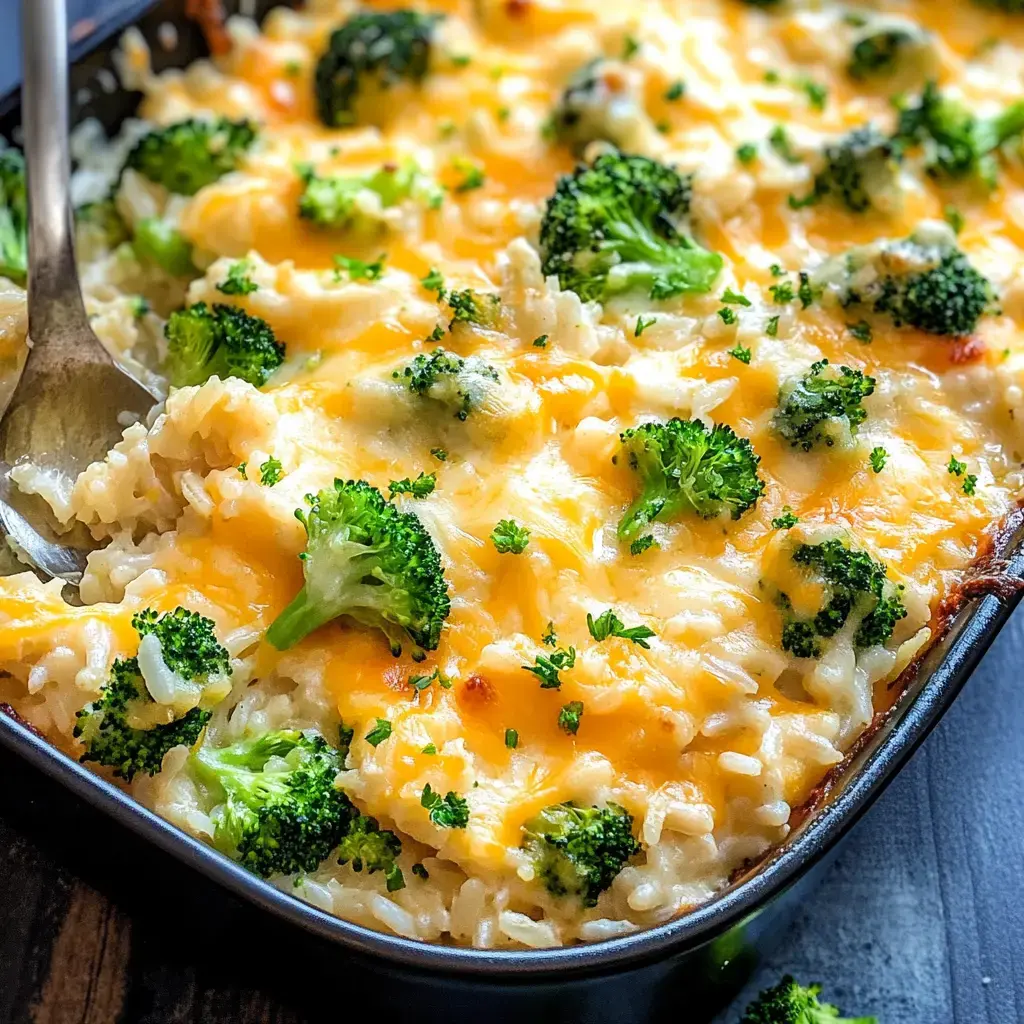Close-up of cheesy rice and broccoli casserole garnished with parsley.