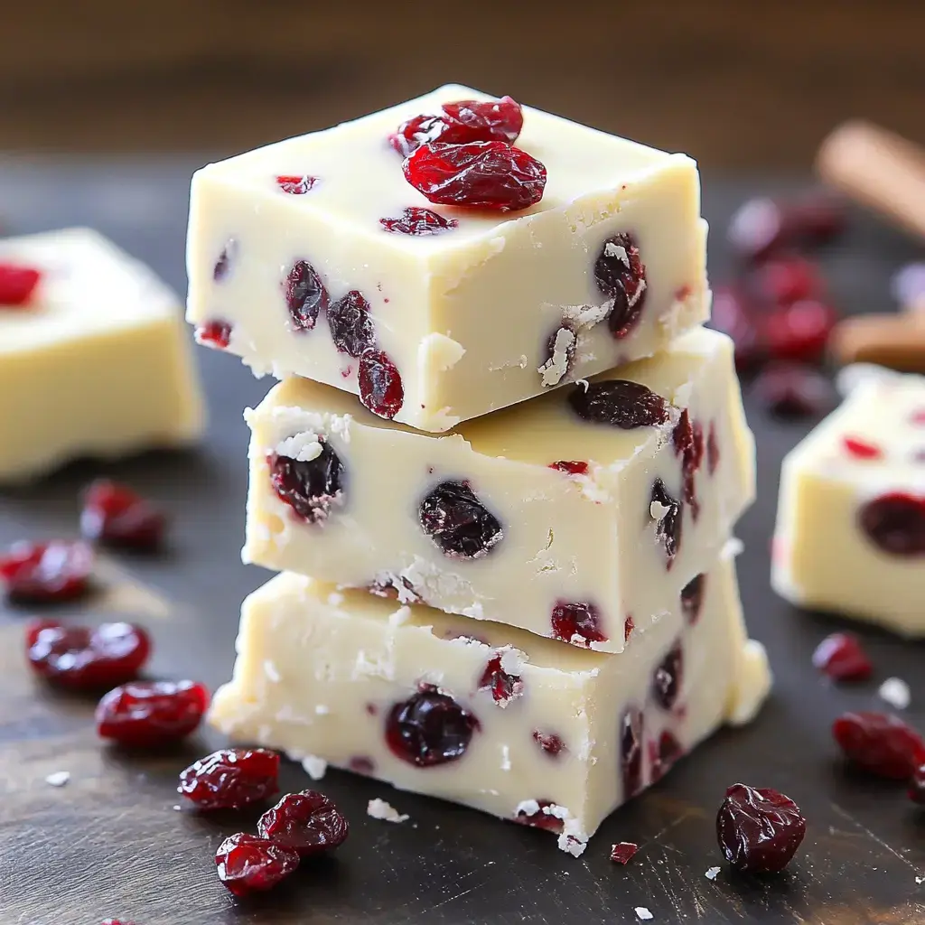 Squares of rich white fudge packed with cranberries, more cranberries scattered on a dark backdrop.
