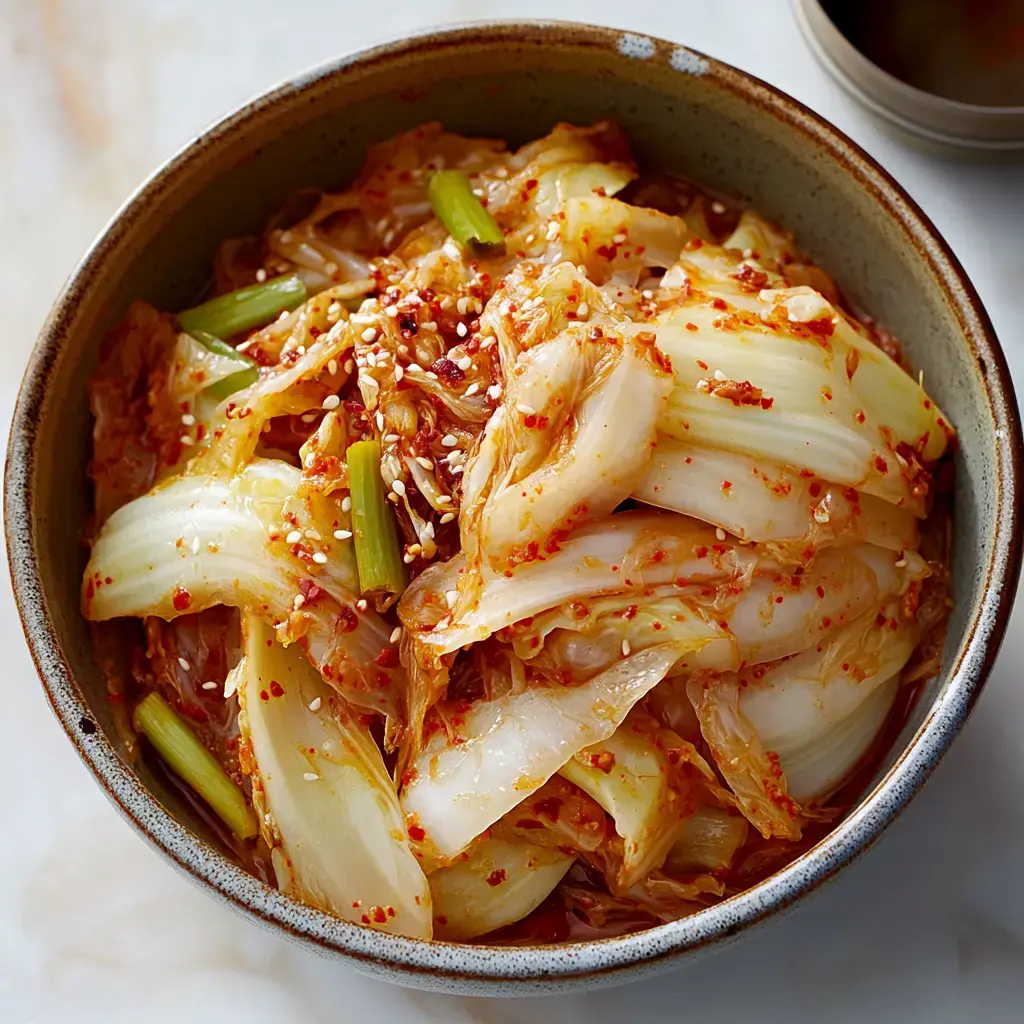 A bowl of napa cabbage kimchi topped with green onion and sesame seeds.