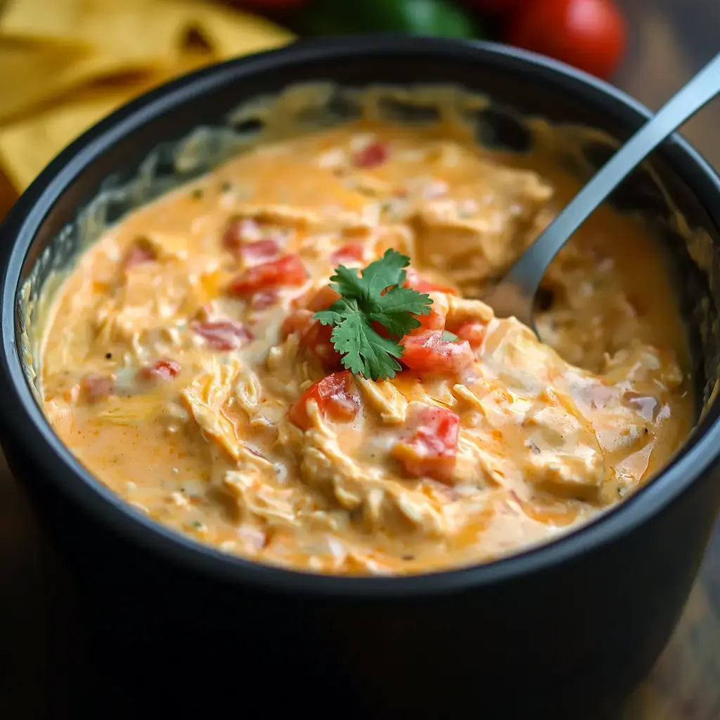 A black bowl with creamy chicken and tomato dip, topped with fresh cilantro.
