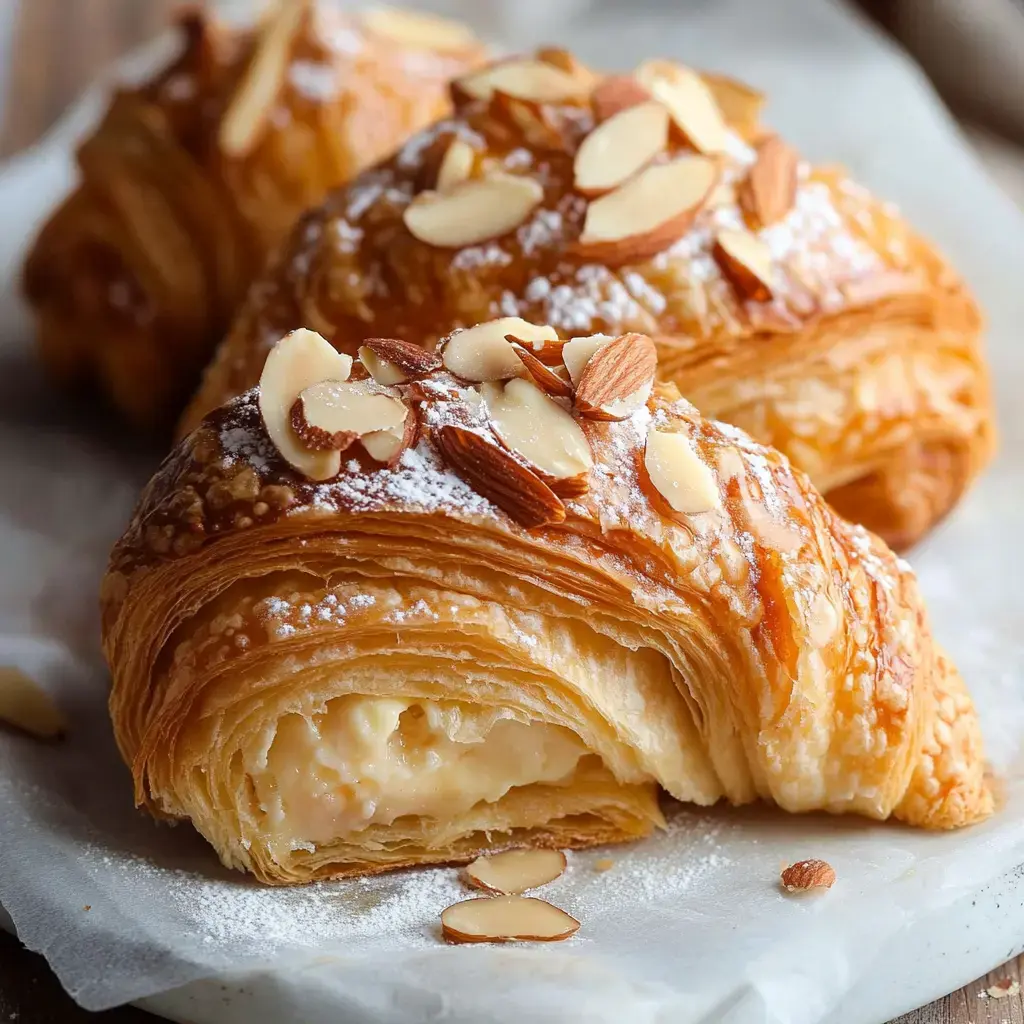 Three golden almond pastries dusted with powdered sugar, topped with almond slices, revealing creamy centers.