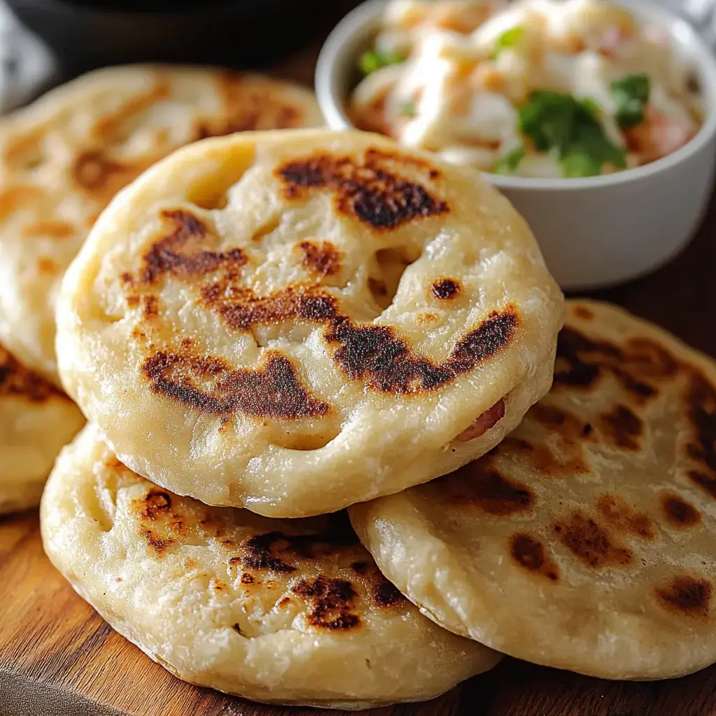 Stack of golden-brown pupusas sitting on a wooden board with a dip and fresh herbs on the side.