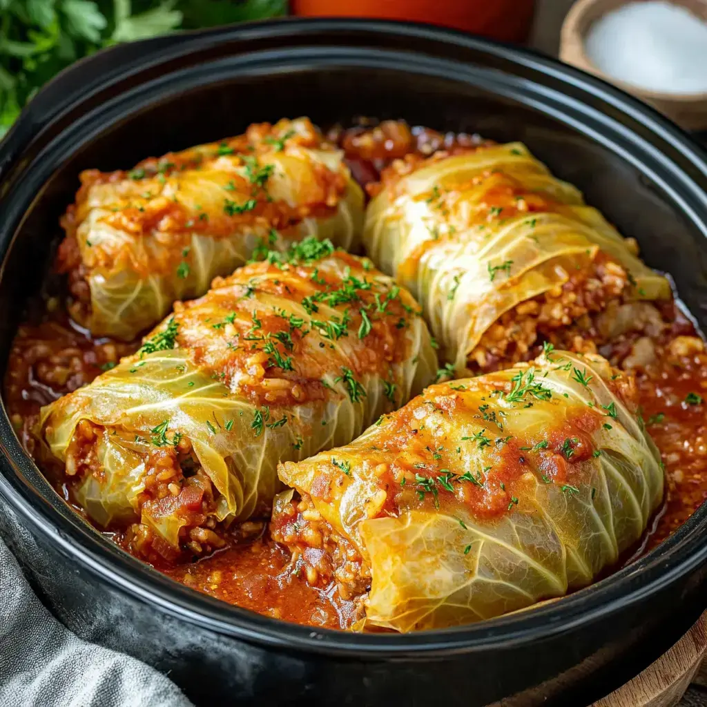 Stuffed cabbage rolls drenched in sauce and sprigs of parsley in a black serving pot.