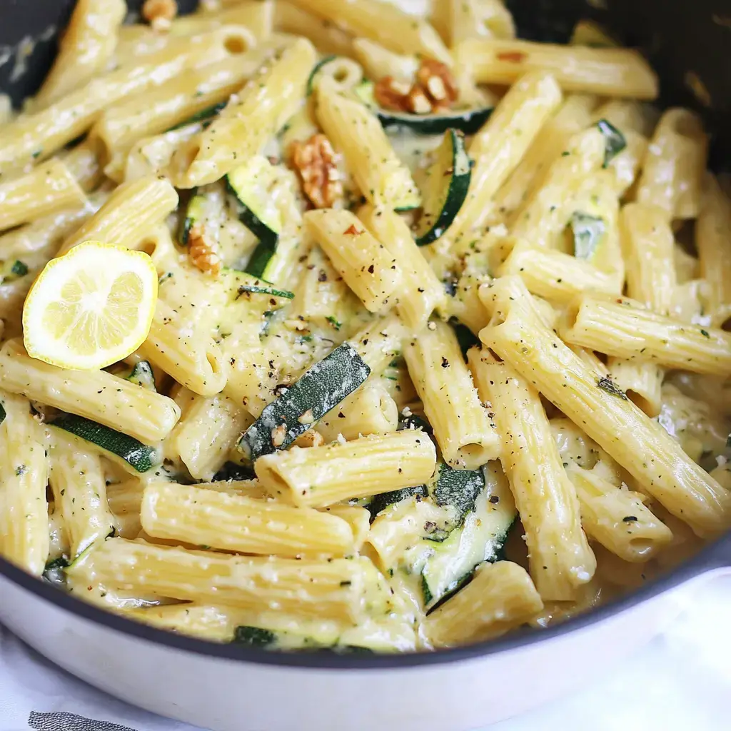 Close-up of creamy rigatoni pasta with zucchini, walnuts, and lemon garnish.