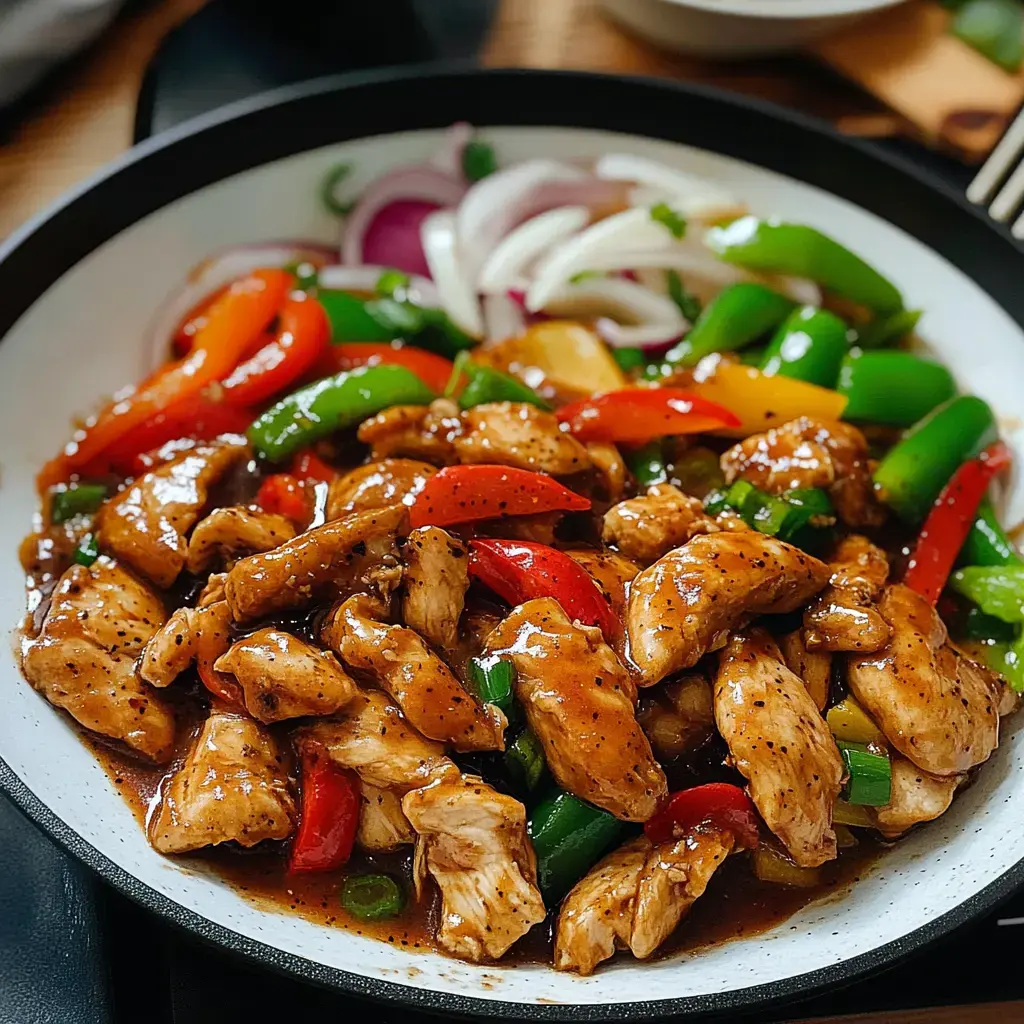 Stir-fried chicken mixed with vibrant bell peppers in rich sauce, garnished with thin onion slices.
