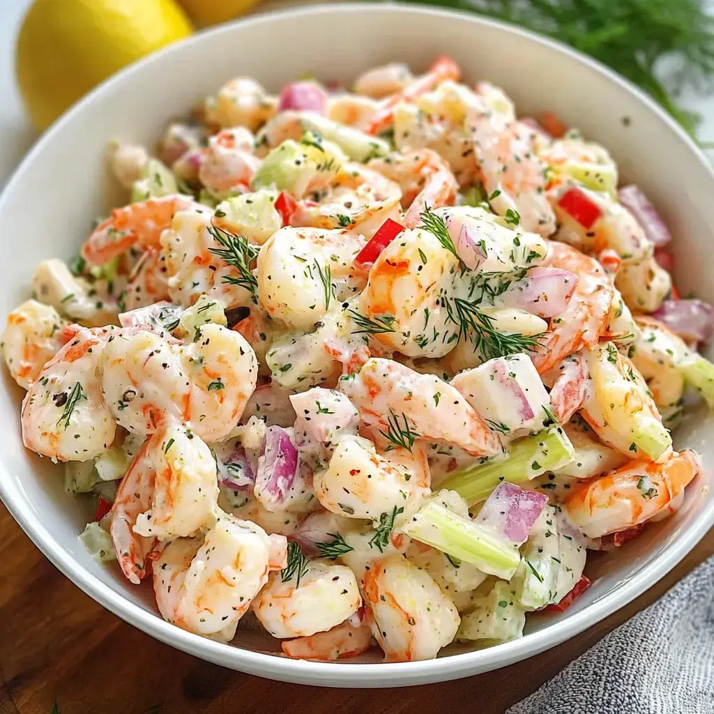Big bowl of shrimp with chunky veggies, some fresh herbs on top, and dill sprinkled around.