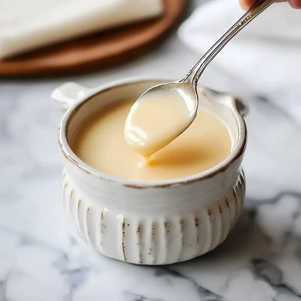 A spoon scoops thick, pale sauce from a little, pretty bowl on marble.