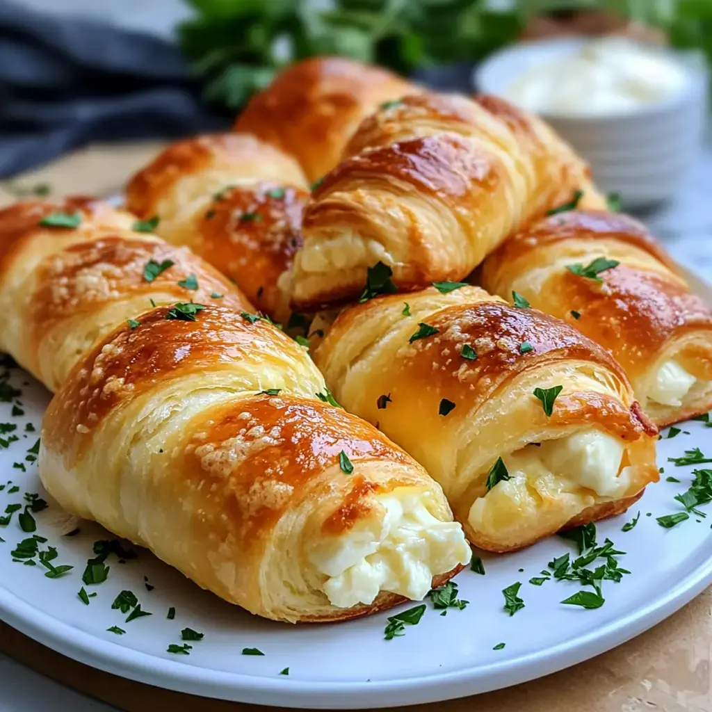 Golden-brown pastries oozing with cheese, sprinkled with fresh herbs on a serving plate.