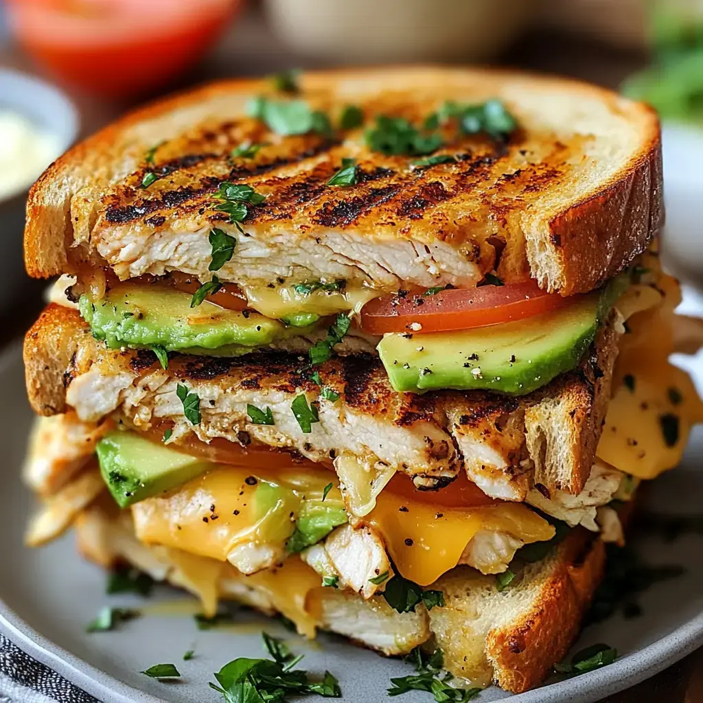 Stacked sandwich loaded with grilled chicken, avocado, tomatoes, and melty cheese on toasted bread topped with fresh herbs.