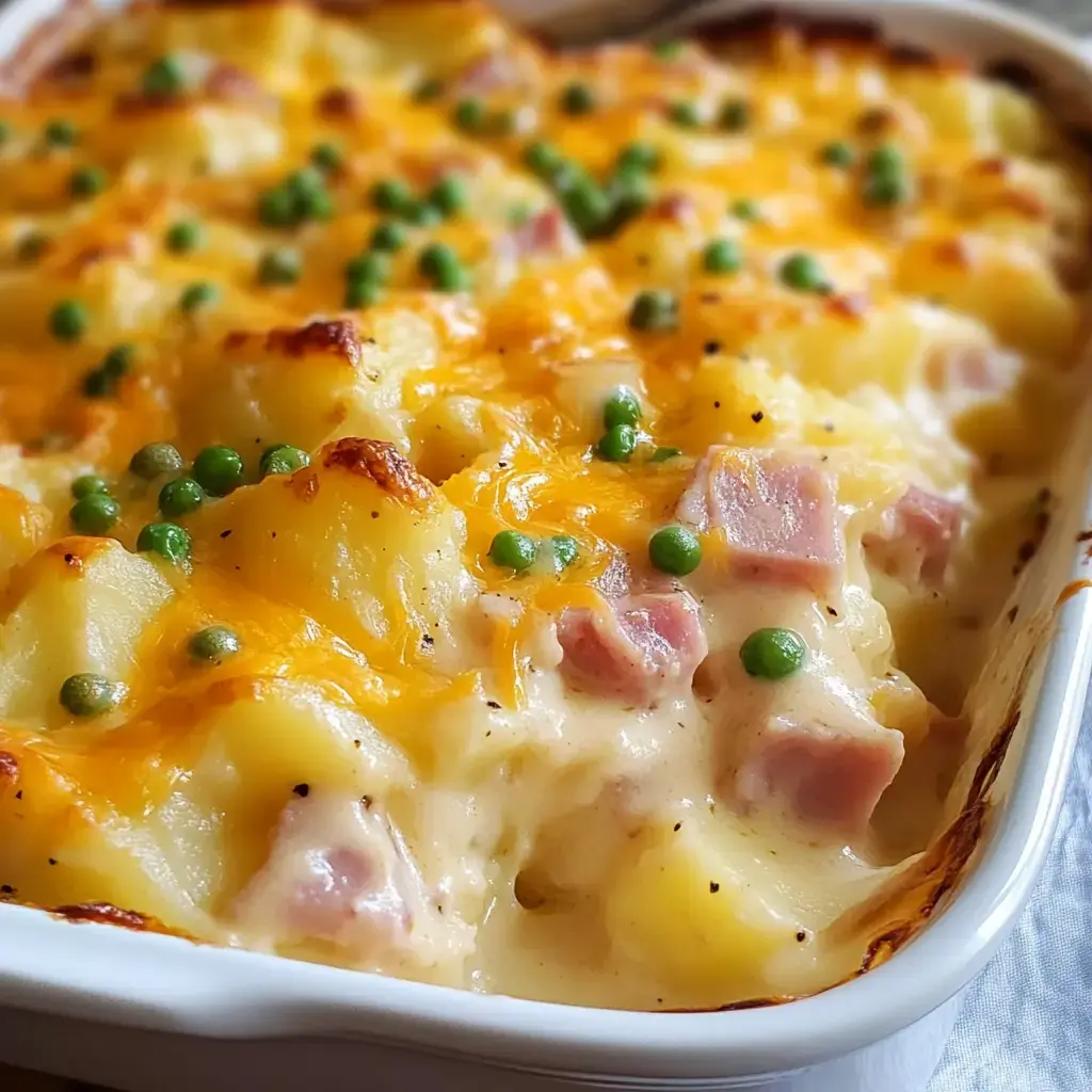 A hearty pan of soft baked potatoes with melted cheese, ham, and green peas up close.