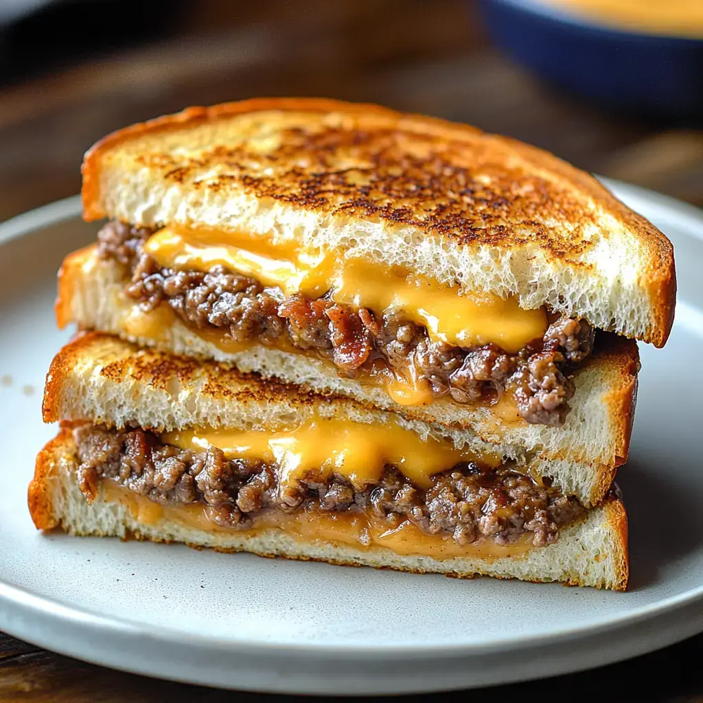 A stacked sandwich with gooey cheese and seasoned meat, grilled to golden perfection and served on a plate.