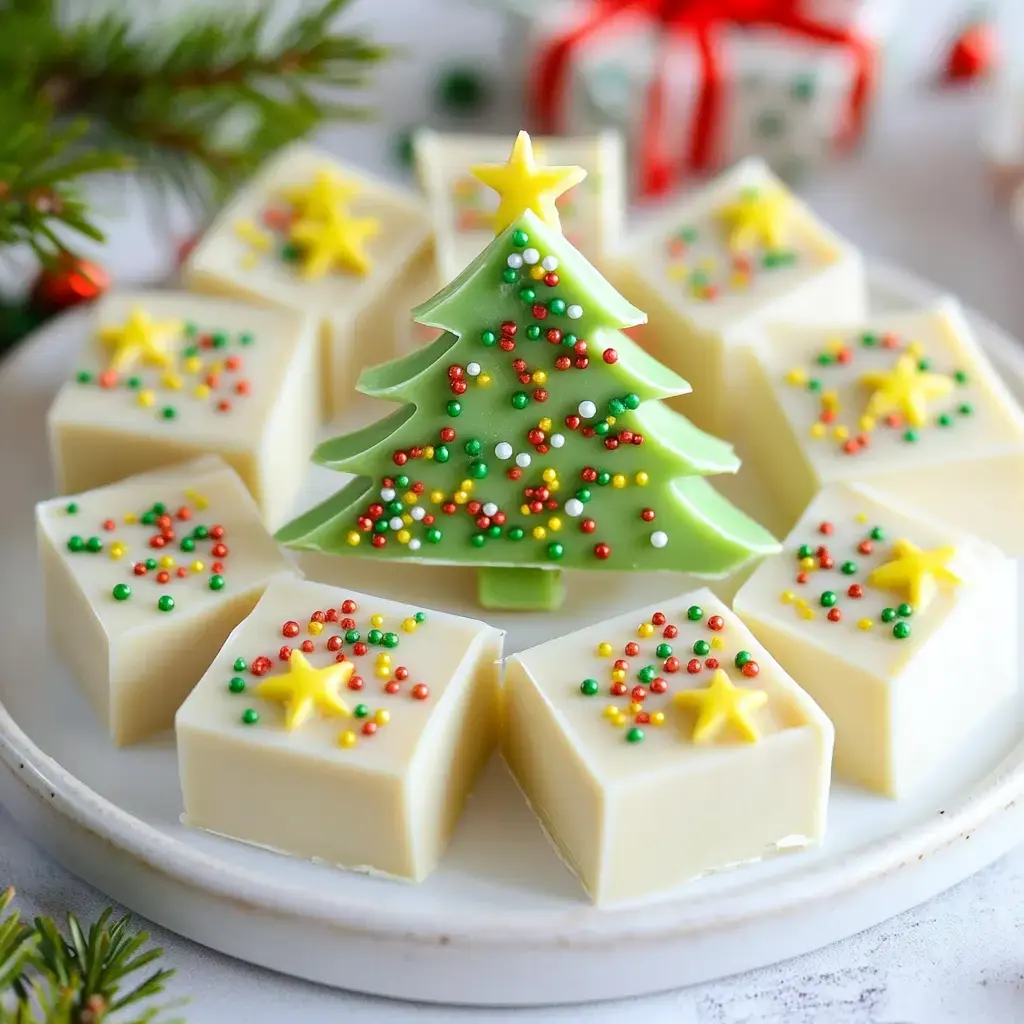 A holiday platter holds square white treats with sprinkles and green tree candies, with a pop of bright dotted toppings.