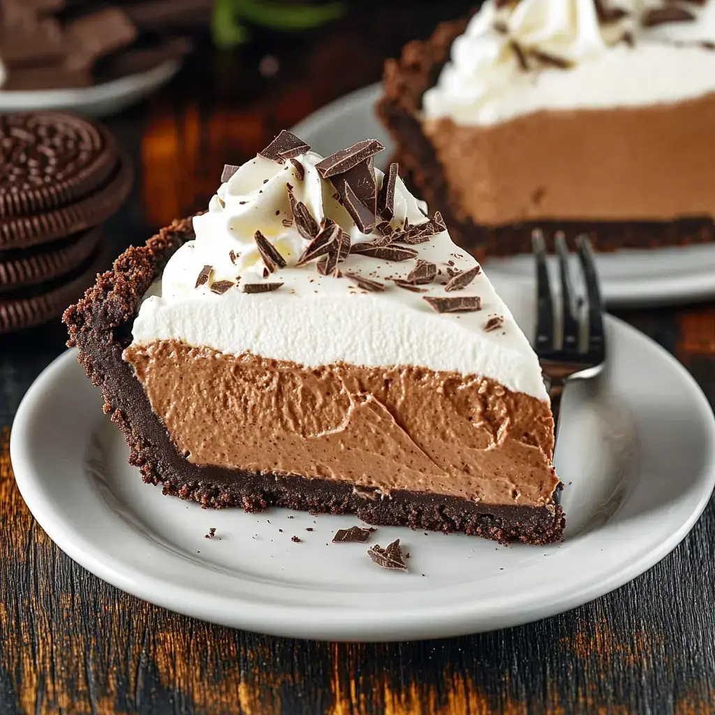 Chocolate pie slice loaded with creamy filling and fluffy whipped cream, chocolate shavings on top, plated and ready to eat.