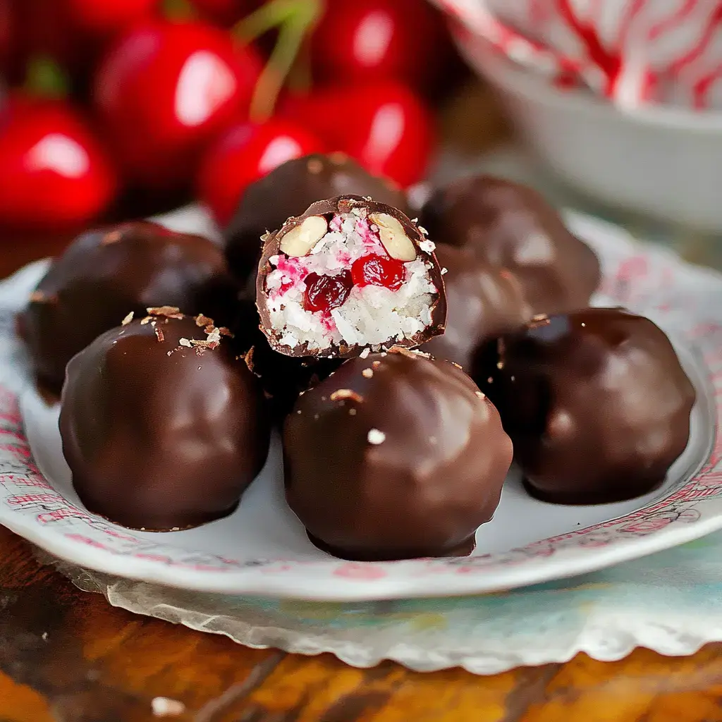 A plate of chocolate-coated confections, with one piece cut open to highlight the coconut, cherry, and nut filling.