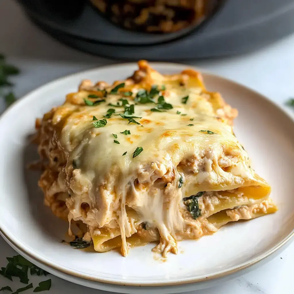 A slice of cheesy lasagna with parsley on a white plate.