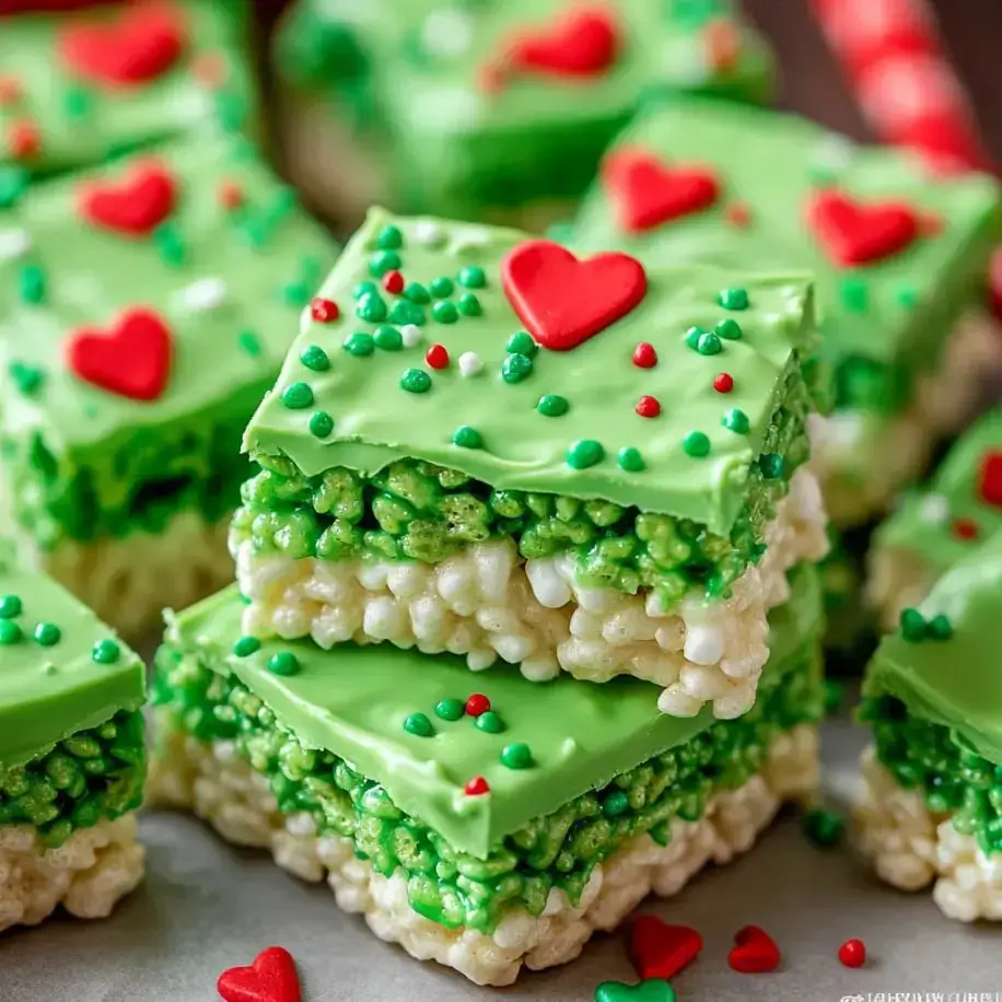 Close-up of holiday-themed rice krispie bars stacked with green icing, sprinkles, and heart decorations.