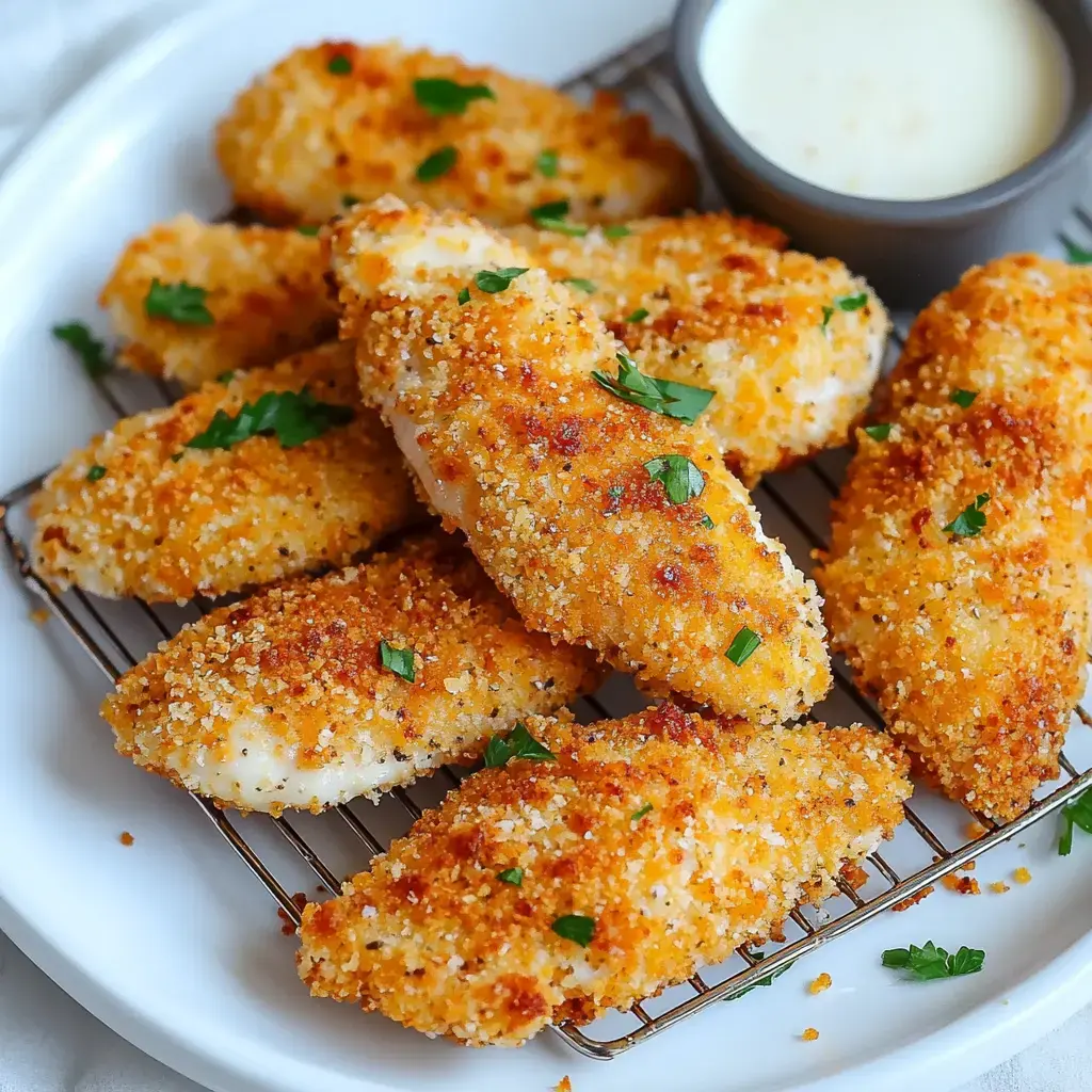 Golden-brown chicken tenders with parsley garnish next to dipping sauce.