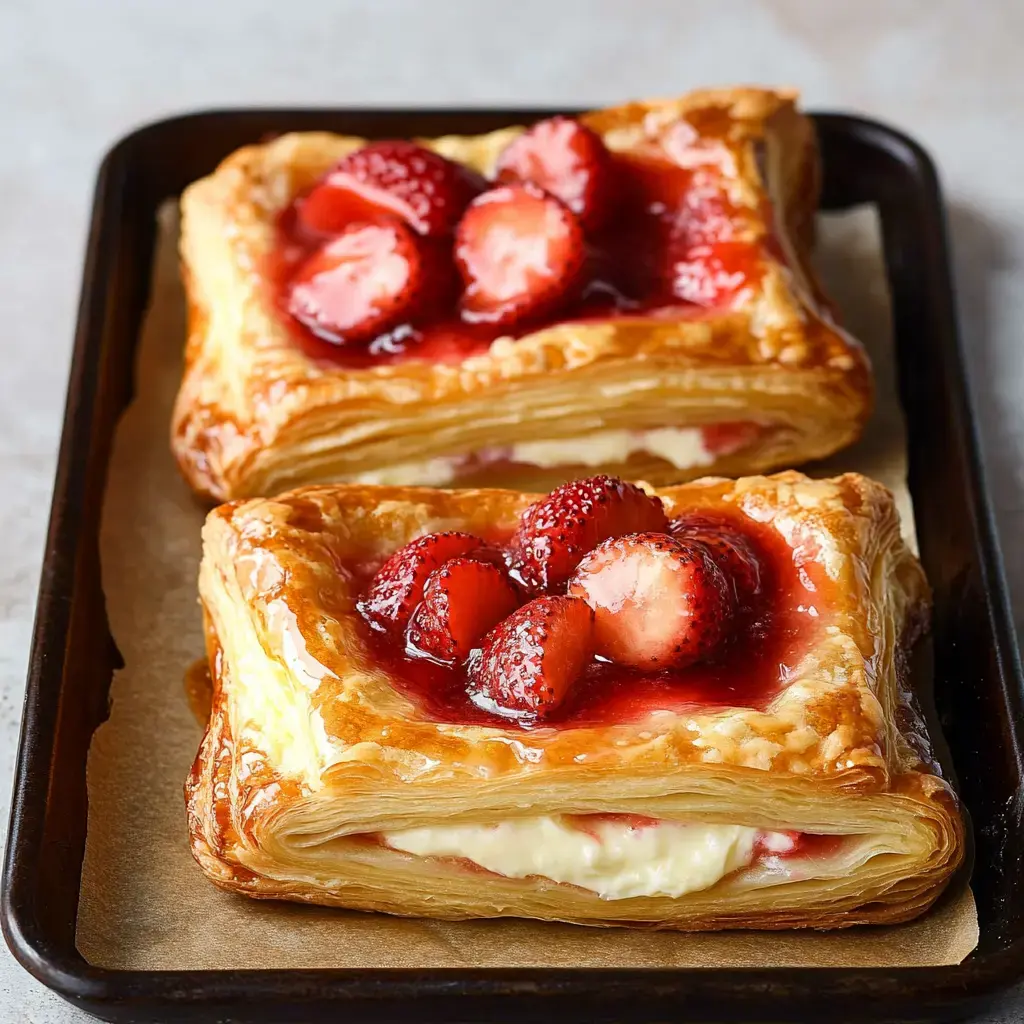 Two square pastries with golden crust, creamy filling, and fresh strawberries with a shiny glaze are sitting on a tray.