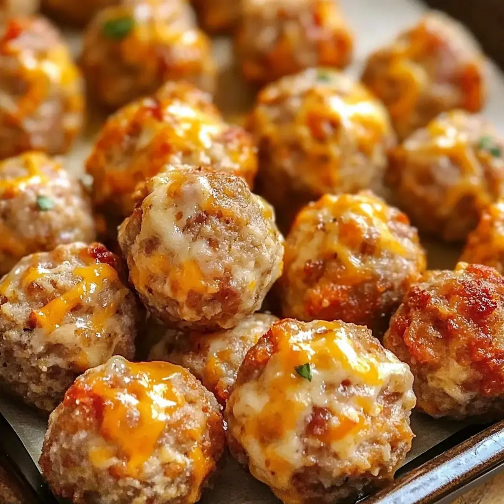 Golden-brown sausage bites topped with gooey cheese, served on a white platter.