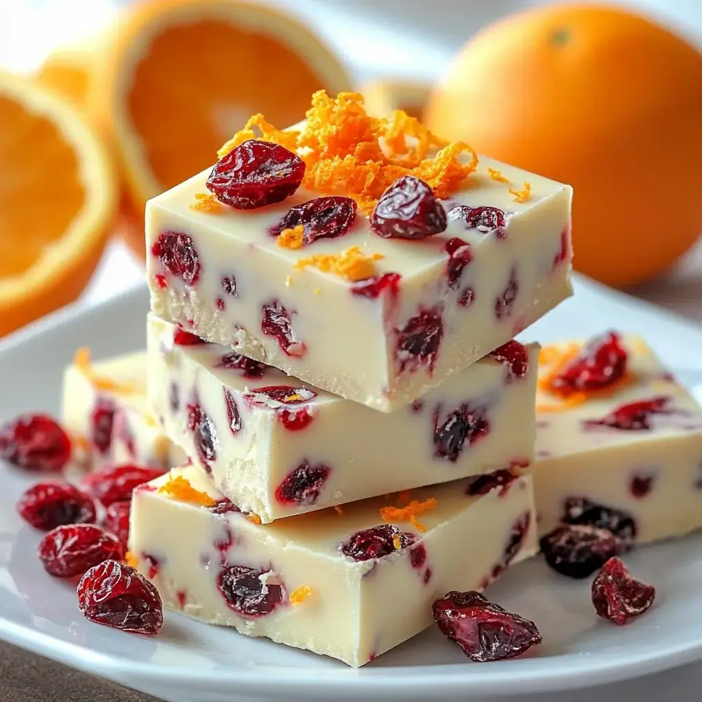 White chocolate fudge bars packed with cranberries, a hit of orange zest, and sitting next to fresh orange slices.
