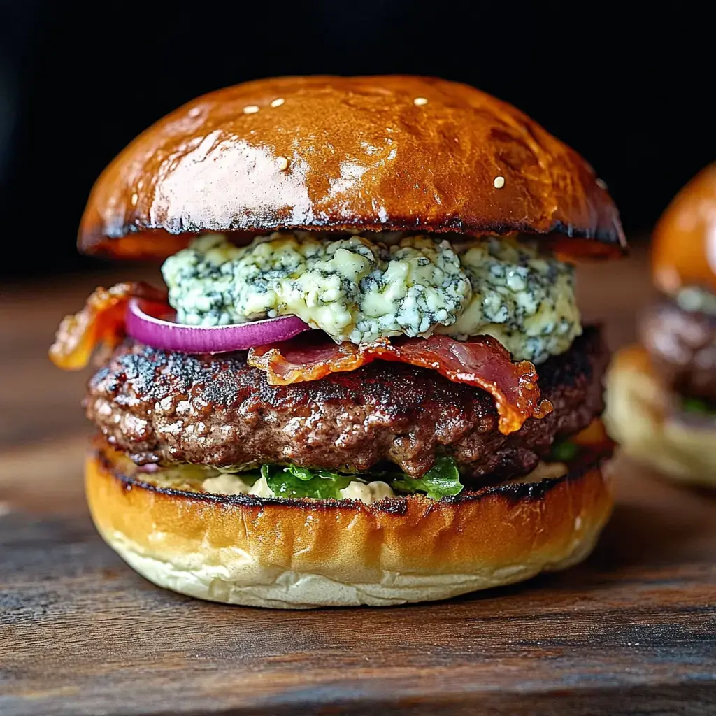 A juicy burger featuring beef, crumbled blue cheese, bacon, red onion, lettuce, and a toasted brioche bun.