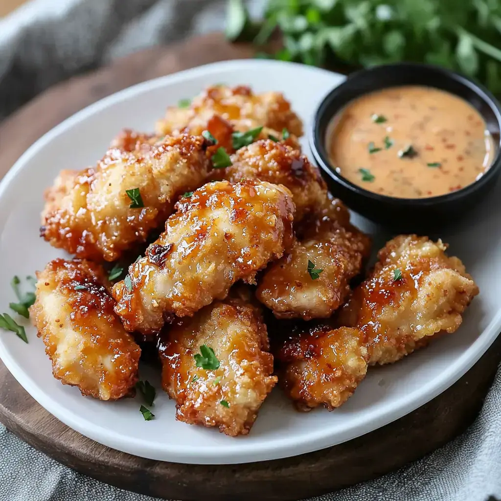Crispy, golden chicken on a plate with a drizzle of sauce and parsley garnish, plus a sauce bowl nearby.