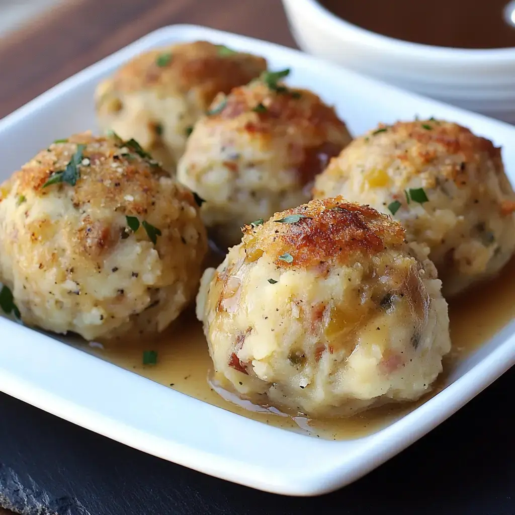 A plate with golden, round bites served in a gravy drizzle and topped with herbs.
