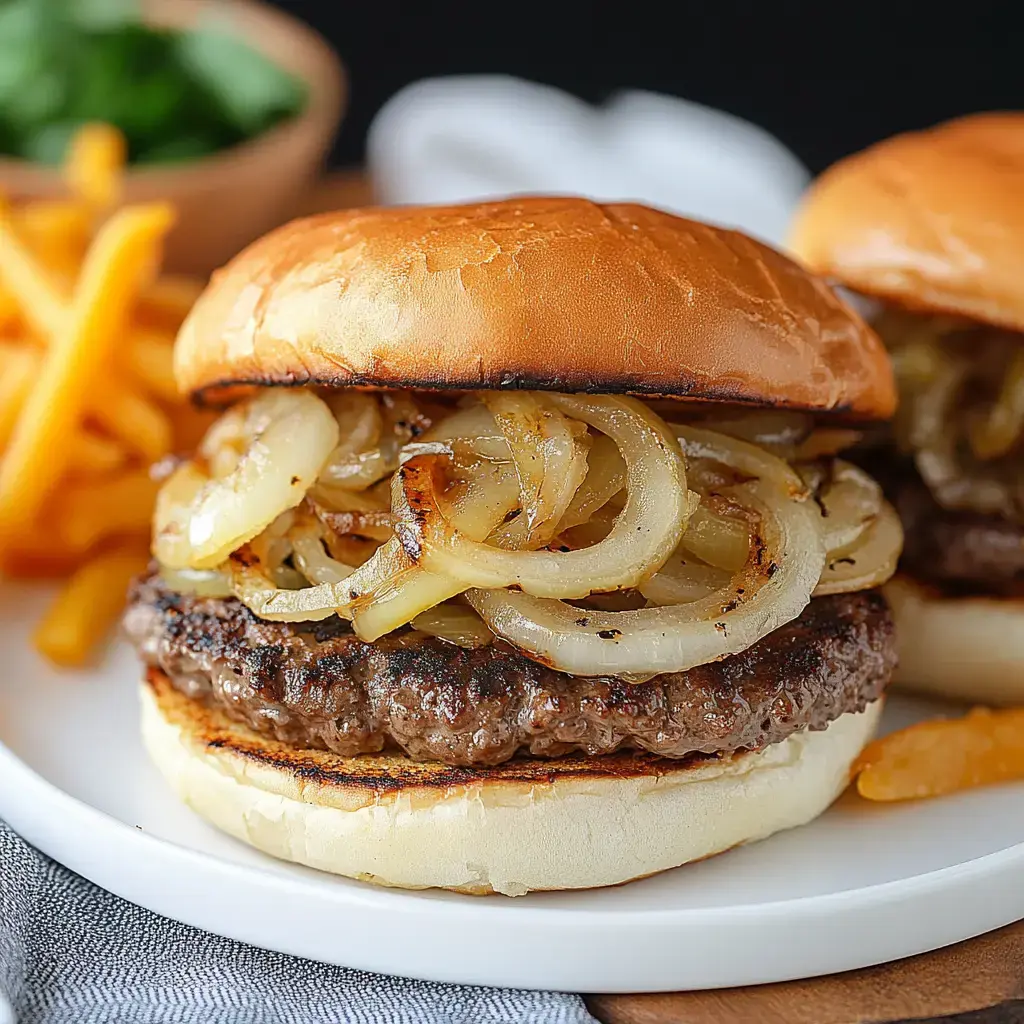 A hamburger close-up featuring caramelized onion topping alongside crispy fries.