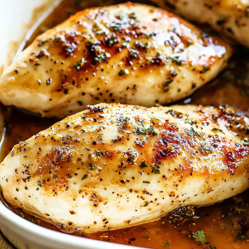 Two golden-brown chicken breast pieces in a rich sauce with brown sugar seasoning.
