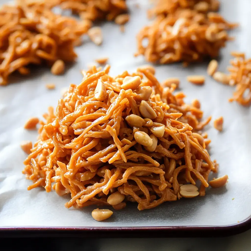 Golden noodles with peanuts piled on a parchment-lined tray for a crunchy treat.