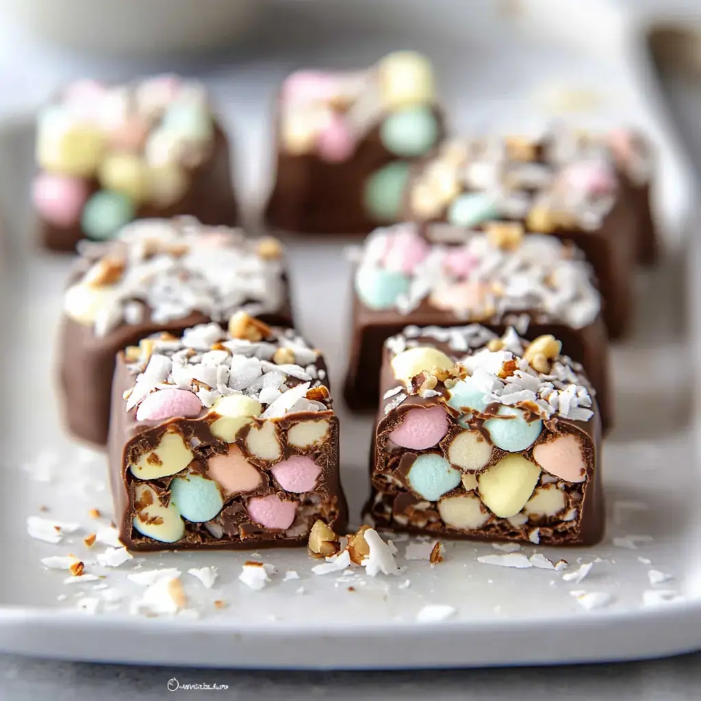 Close-up of chocolate-coated treats filled with bright marshmallows, dusted with coconut and nuts, arranged on a white plate.