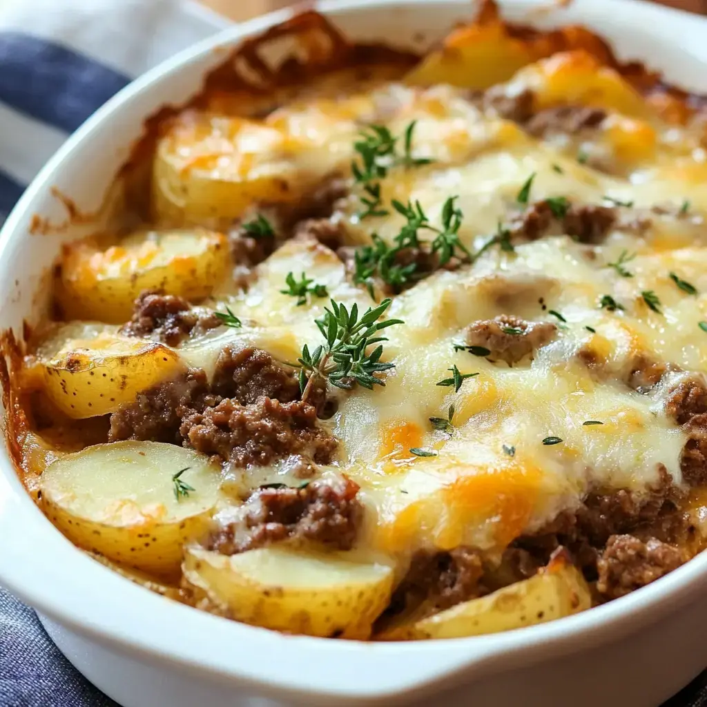 Close-up of cheesy ground beef potato bake with fresh thyme in a white dish.