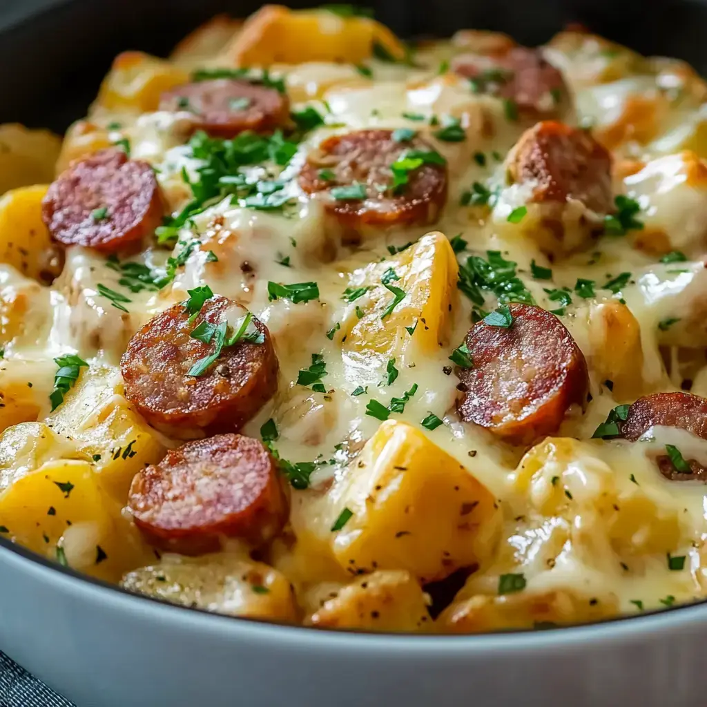Close-up of a bubbly casserole with cheesy potatoes and sausage slices, topped with fresh herbs.