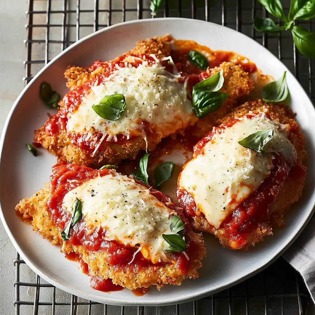 Crispy chicken with melty cheese and rich marinara on a serving plate topped with fresh basil.