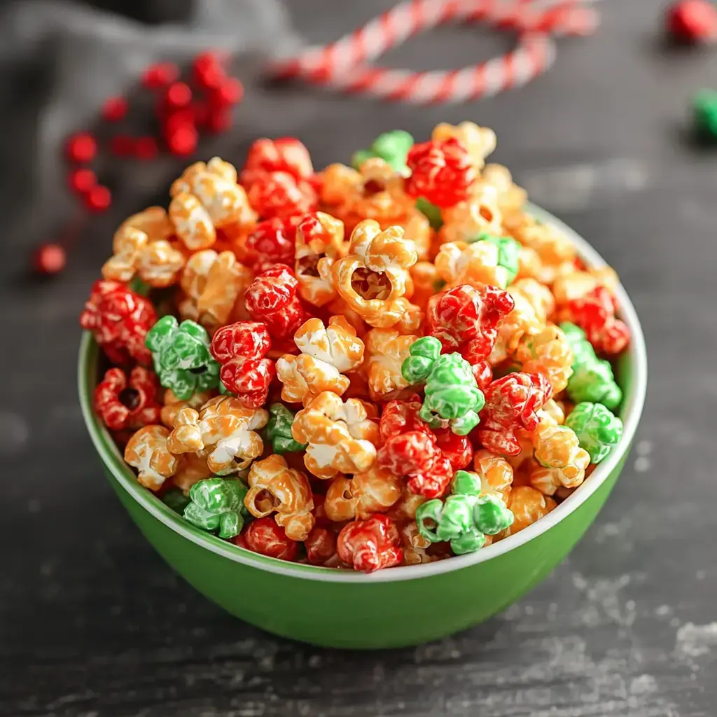 A vibrant green bowl featuring holiday caramel popcorn in bright red and green shades on a dark backdrop.