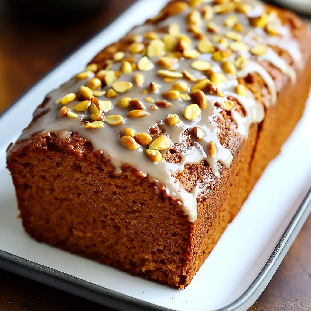 A warm loaf topped with icing and sprinkled with pumpkin seeds on a white dish.