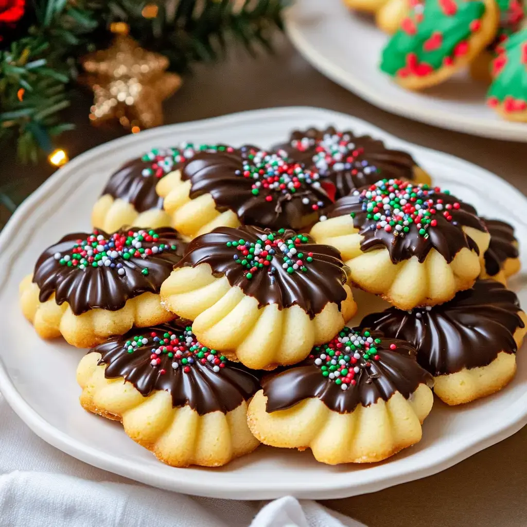 A festive plate of butter cookies dipped in chocolate and topped with colorful sprinkles, surrounded by holiday-themed decor.