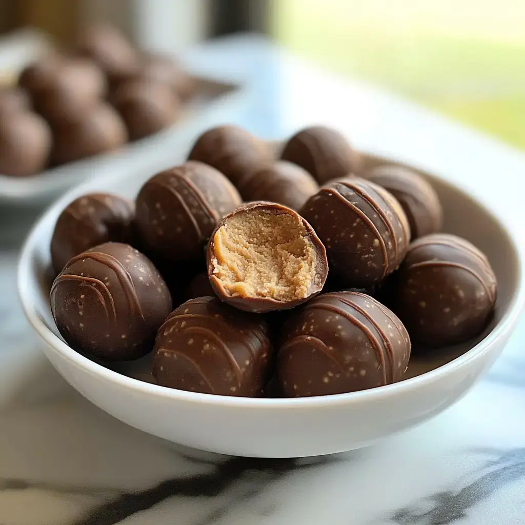 Chocolate-dipped balls with one bitten, showing a peanut butter filling.